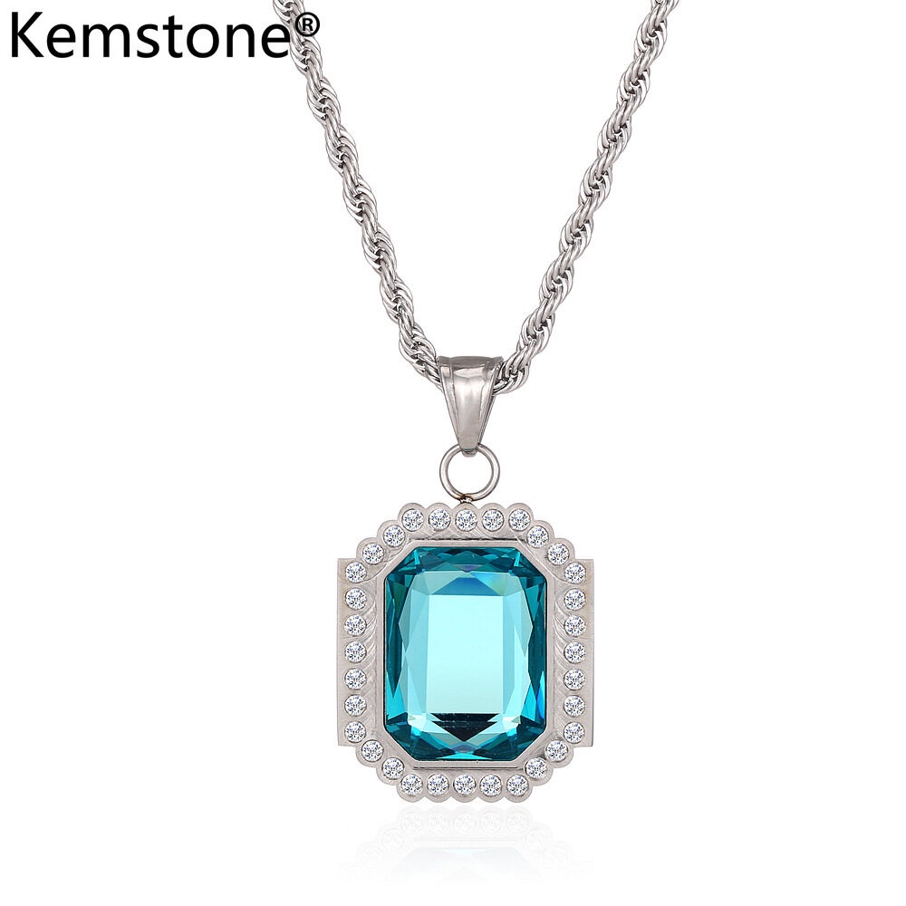 Kemstone Blue Sapphire สร้อยคอจี้สแตนเลสสําหรับผู้ชายและผู้หญิงเครื่องประดับแฟชั่นฮิปฮอป