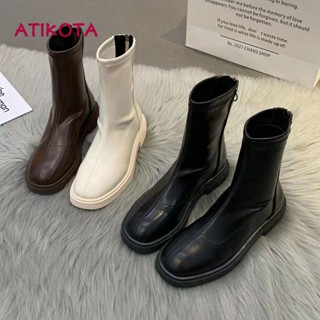 Atikota รองเท้าบูทหนัง ส้นหนา หัวกลม มีซิป ใส่สบาย สีพื้น แฟชั่นสําหรับผู้หญิง