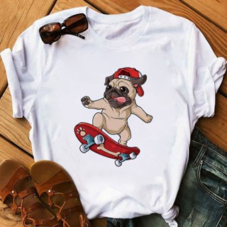 Cartoon Funny French Bulldog Skateboard Print T-shirt Lady Pug Animal Graphics Womens T-shirt_04