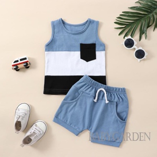 Babygarden-0-3y ชุดเสื้อผ้าเด็กผู้ชาย แขนกุด สีตัดกัน เสื้อกล้าม + กางเกงขาสั้น สีพื้น แบบผูกเชือก