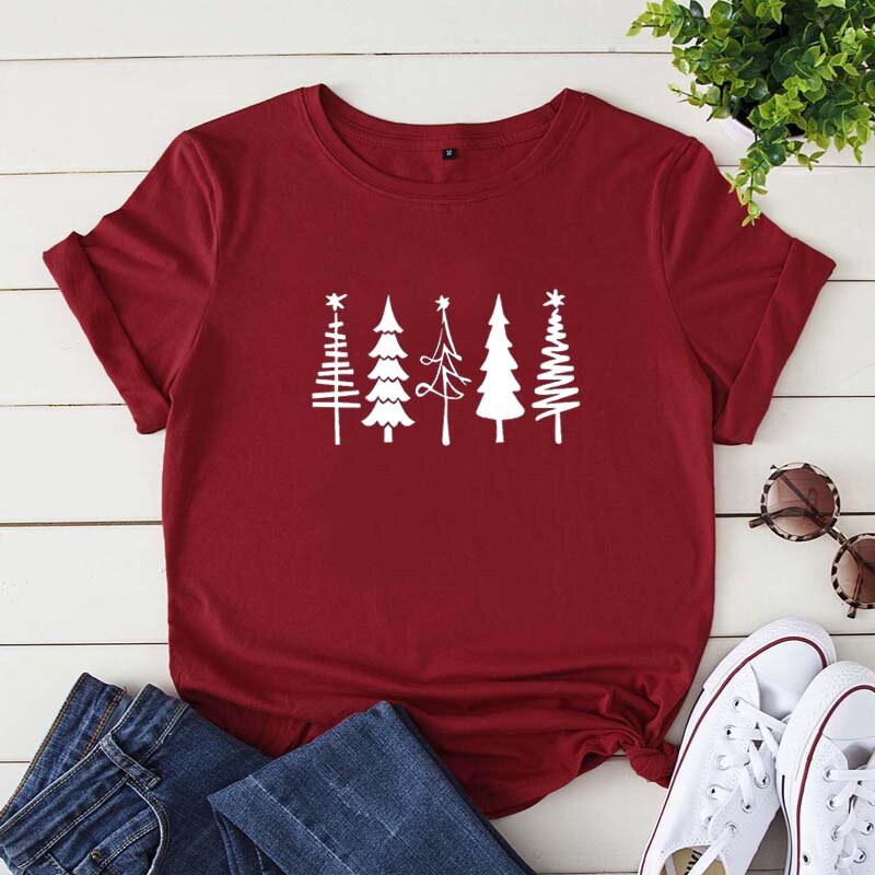 เสื้อยืด Christmas Tree Graphic Cute Merry Christmas Tree Tee Women T-shirt Fashion Printing Tees Ca