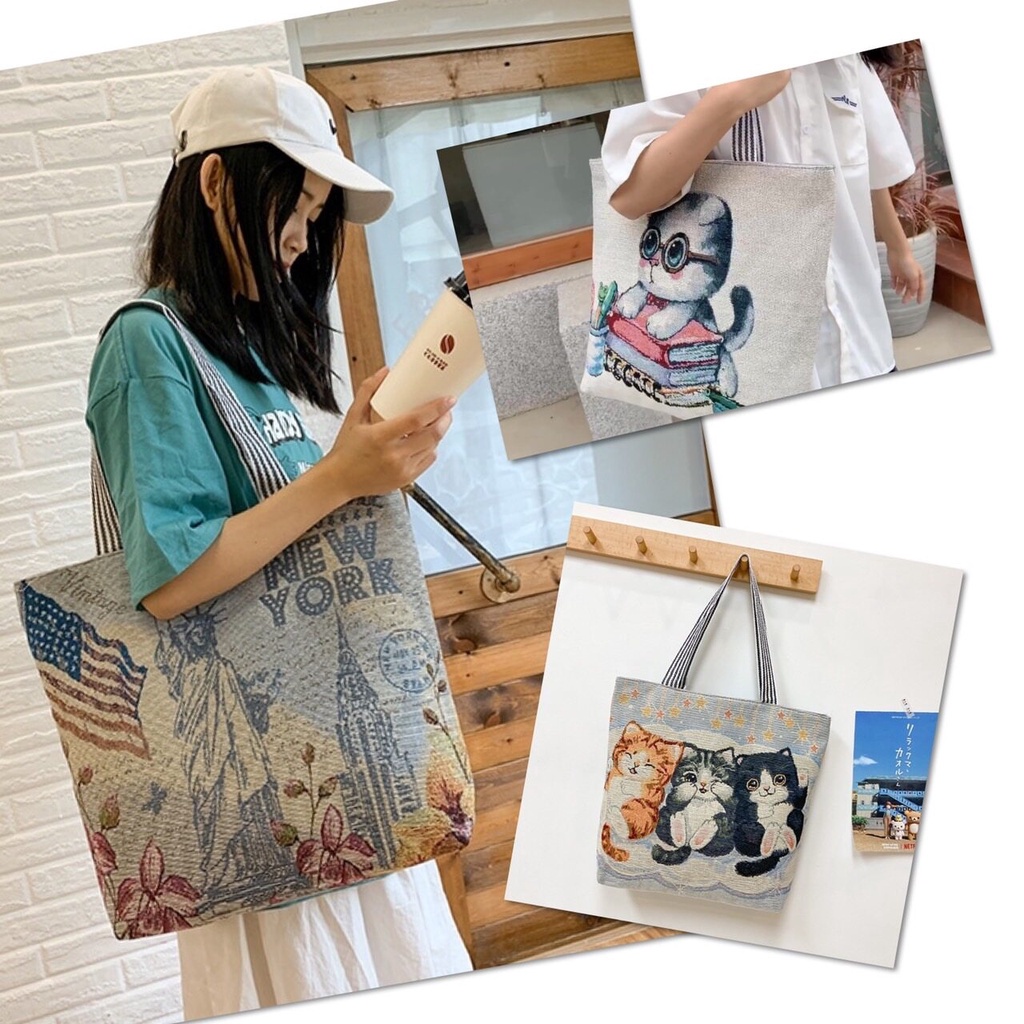 🎀 กระเป๋าถือ ผ้าลายแมว ใบใหญ่ มีซิป ถุงช้อปปิ้ง มีหูหิ้ว แข็งแรง 🎀 - รูปที่ 6