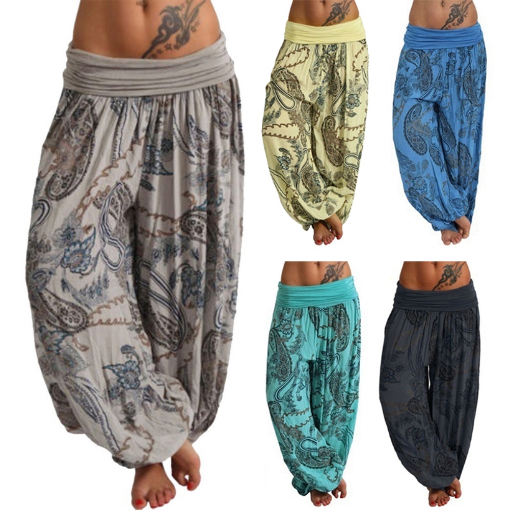 svWomen Boho Paisley พิมพ์ข้อเท้าผูก Baggy กางเกงหลวมยาว Bloomers กางเกง