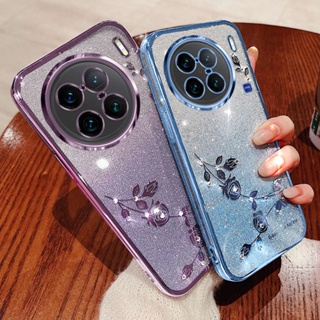 เคสโทรศัพท์ซิลิโคน TPU นิ่ม แบบใส ปิดด้านหลัง ลายดอกกุหลาบ ประดับเพชรเทียม แวววาว แฟชั่น สําหรับ Vivo X90 Pro Plus 5G X90 Pro+ 5G