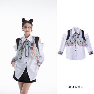 MANSA striped shirt + flower vest เสื้อโอเวอร์ไซส์ เสื้อลายดอก เสื้อเกาหลี