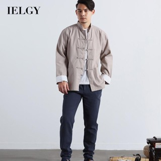 IELGY เสื้อเชิ้ต ผ้าลินิน คอปกตั้ง สไตล์จีน สําหรับผู้ชาย