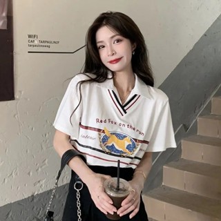 POLO collar short-sleeved T-shirt womens clothing early spring 2022 new design sense niche white loose ins super hot cl