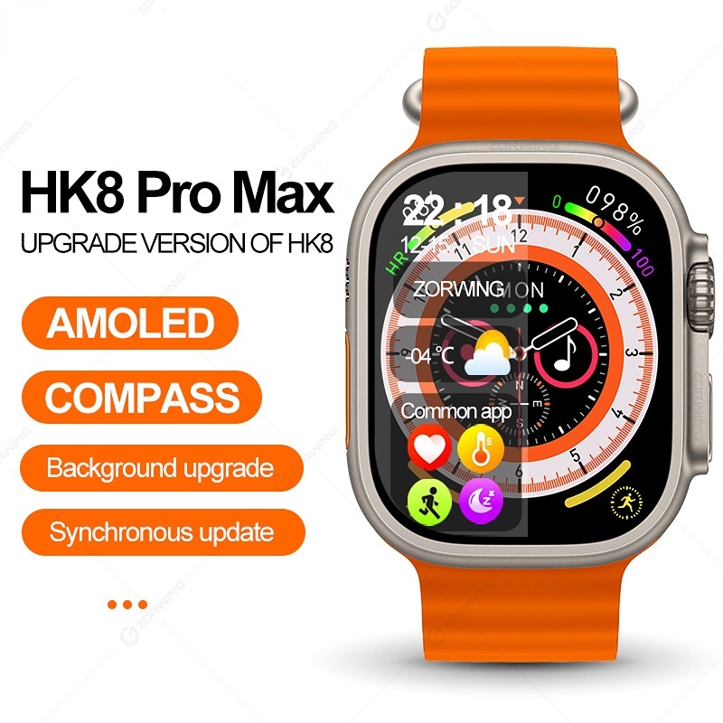 Hk8 Pro Max Ultra Smart Watch ผู้ชาย 49 มม. หน้าจอ AMOLED เข็มทิศ NFC สมาร์ทวอทช์ ความดันโลหิต นาฬิก