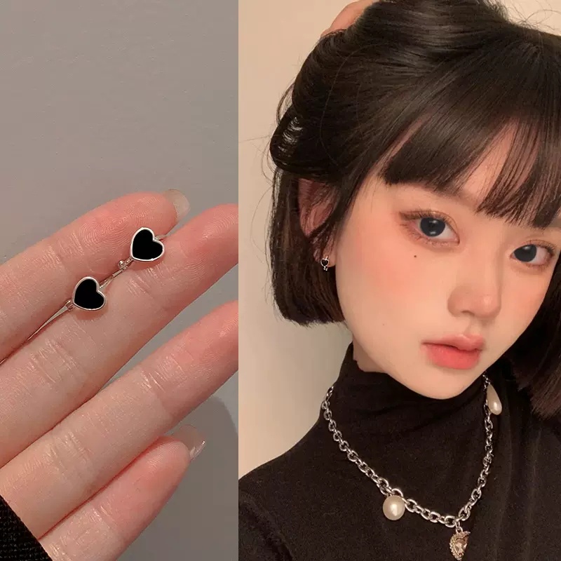 Roselife ต่างหูห่วงเงิน S925 ทรงกลม ลายหัวใจ สีดํา สไตล์เกาหลี เครื่องประดับแฟชั่น สําหรับผู้หญิง 1 คู่