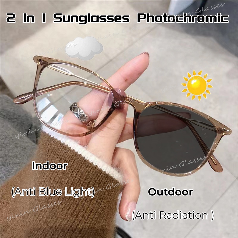 แว่นตากันแดด UV400 ป้องกันรังสียูวี เลนส์เปลี่ยนสีอัตโนมัติ ป้องกันแสงสีฟ้า สําหรับผู้หญิง และผู้ชาย