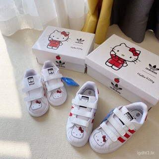 พร้อมส่ง AD x Hello kitty รองเท้าผ้าใบลําลอง สําหรับเด็กผู้หญิง ลายการ์ตูน SUPERSTAR