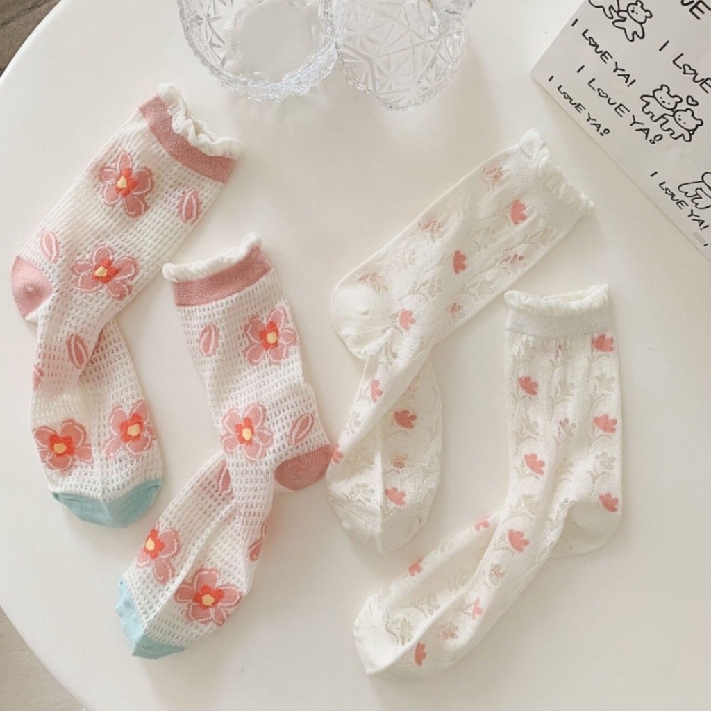 🌈 ถุงเท้า ดอกทิวลิป ลายถัก ลูกไม้ ถุงเท้าแฟชั่น รุ่นเบาสบาย กันลื่น 🌈 - รูปที่ 6