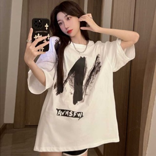 ฤดูร้อนใหม่วินเทจพิมพ์หลวมความยาวปานกลางแขนสั้นเสื้อยืดผู้หญิง