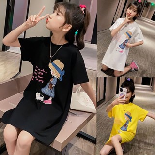 [พร้อมส่ง] เสื้อฤดูร้อนสำหรับเด็กอายุ 3-14 ปี, เสื้อยืดเด็กหญิง, แขนสั้น, เสื้อยืดหลวมยาวสำหรับเด็กรุ่นกลางและรุ่นเกาหลี, เสื้อคอกลมพิมพ์ลายแฟชั่นสไตล์ตะวันตกสำหรับเด็กผู้หญิง, แฟชั่นลำลองกลาง - กระโปรงเสื้อยืดการ์ตูนยาว