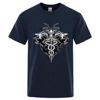 oversize T-shirt เสื้อยืด ผ้าฝ้าย ทรงหลวม ระบายอากาศได้ดี ลาย Vikings Crows สไตล์ฮิปฮอป เรโทร วินเทจ แฟชั่นฤดูร้อน สําหร