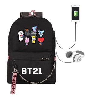 กระเป๋าเป้สะพายหลังลําลอง ผ้าแคนวาส ลายการ์ตูน KPOP BTS BT21 ชาร์จ USB สําหรับนักเรียนผู้ชาย และผู้หญิง