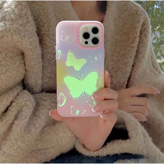 เคสโทรศัพท์มือถือ tpu แบบนิ่ม ลายผีเสื้อ สีเขียวสะท้อนแสง สําหรับ iPhone 14 14promax 14pro 11 12 12PROMAX 13 13pro 13promax 12pro