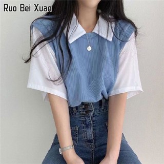 RUO BEI XUAN เสื้อยืดสตรี 2023 ใหม่เสื้อโปโลปกสองชิ้นเสื้อยืดแขนสั้นสไตล์วิทยาลัย