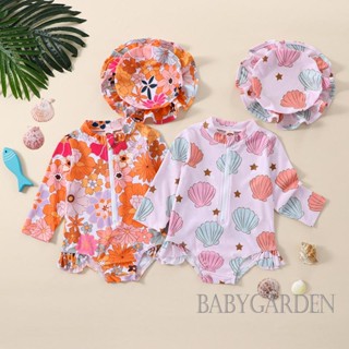 Babygarden-0-24m ชุดว่ายน้ํารอมเปอร์ แขนยาว พิมพ์ลายดอกไม้ / เปลือกหอย พร้อมหมวก ฤดูใบไม้ผลิ ฤดูร้อน สําหรับเด็กผู้หญิง