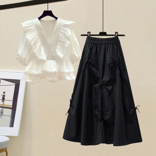 เสื้อเชิ้ตแขนยาวลาย A-line skirt ชุดทูพีซฤดูร้อน