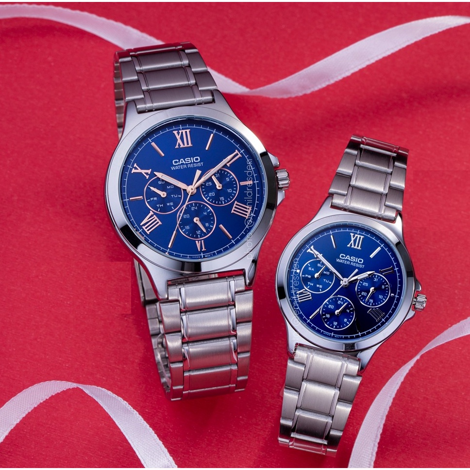 🔥🔥ส่งเร็วนาฬิกาคู่รัก Casio รุ่น MTP-V300D-2A และ LTP-V300D-2A2 นาฬิกาสายแสตนเลสสีเงิน หน้าปัดน้ำเงิน - มั่นใจของแท้ 1