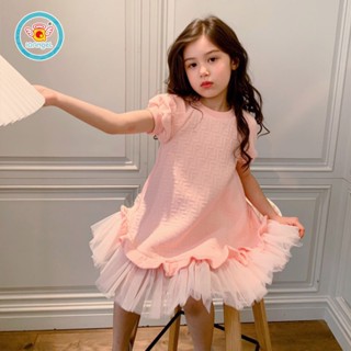 IQ Angel ชุดเจ้าหญิงแฟชั่นสาวๆ ชุดเดรสแขนสั้นตาข่ายแฟชั่นเด็กผู้หญิงสีชมพู