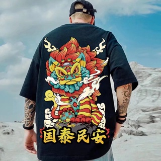 M-8XL Lovers wear national tide personality unicorn print short-sleeved T-shirt men and women trend Chinese style r_02