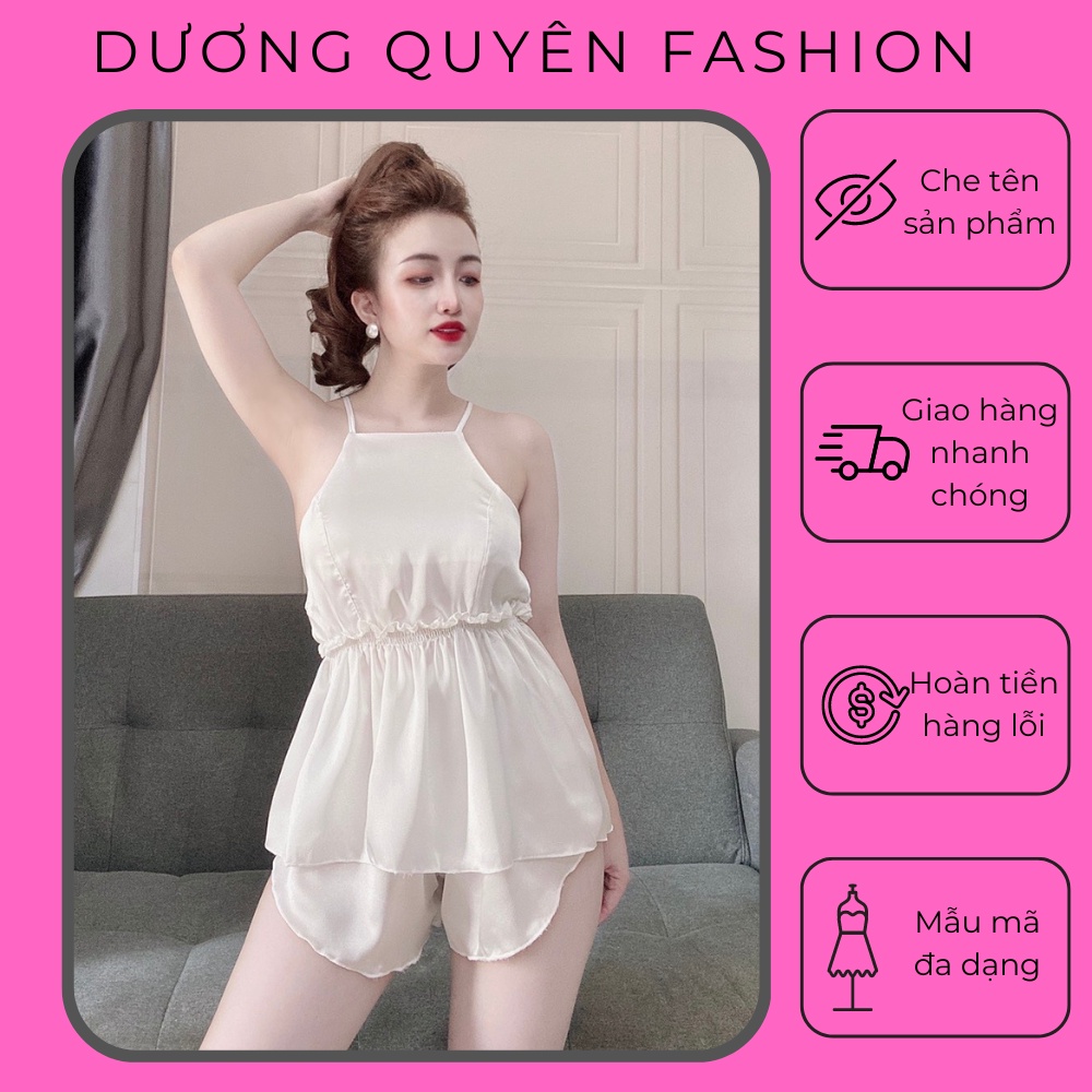 ชุดนอนสตรี ชุดนอนเซ็กซี่ผู้หญิง 2 สายผ้าซาตินคล้องคอฟรีไซส์ <55kg - DCQ Pajamas