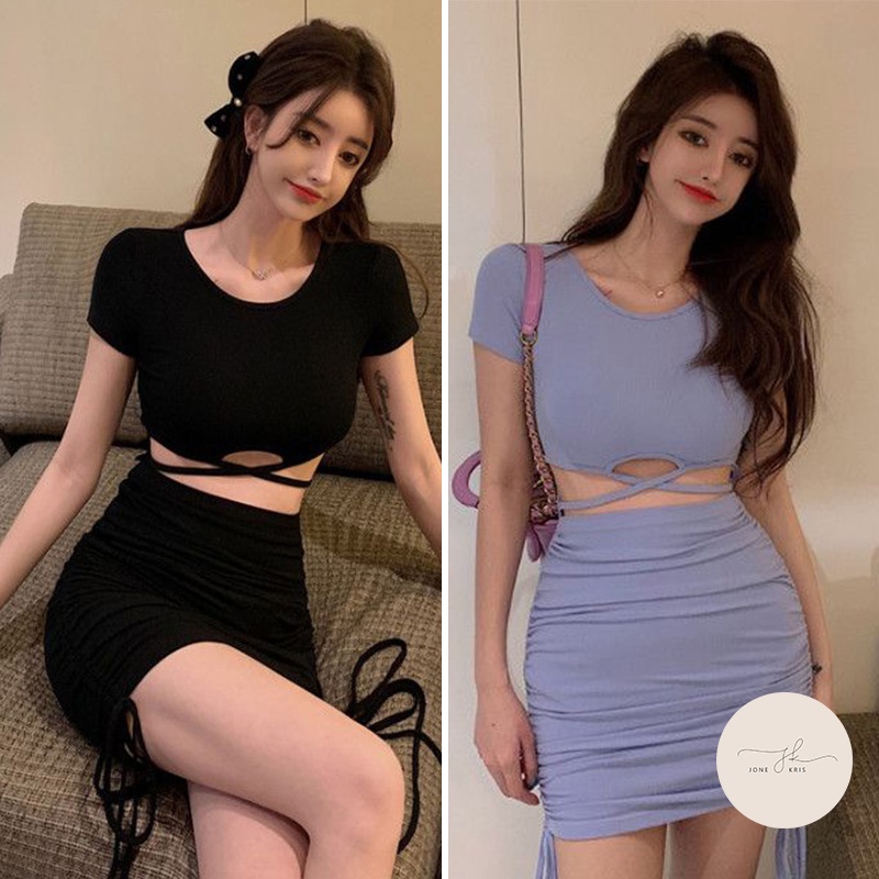 ชุดเดรสกระโปรงทรงเอ เดรสแขนสั้นทรงรัดรูป