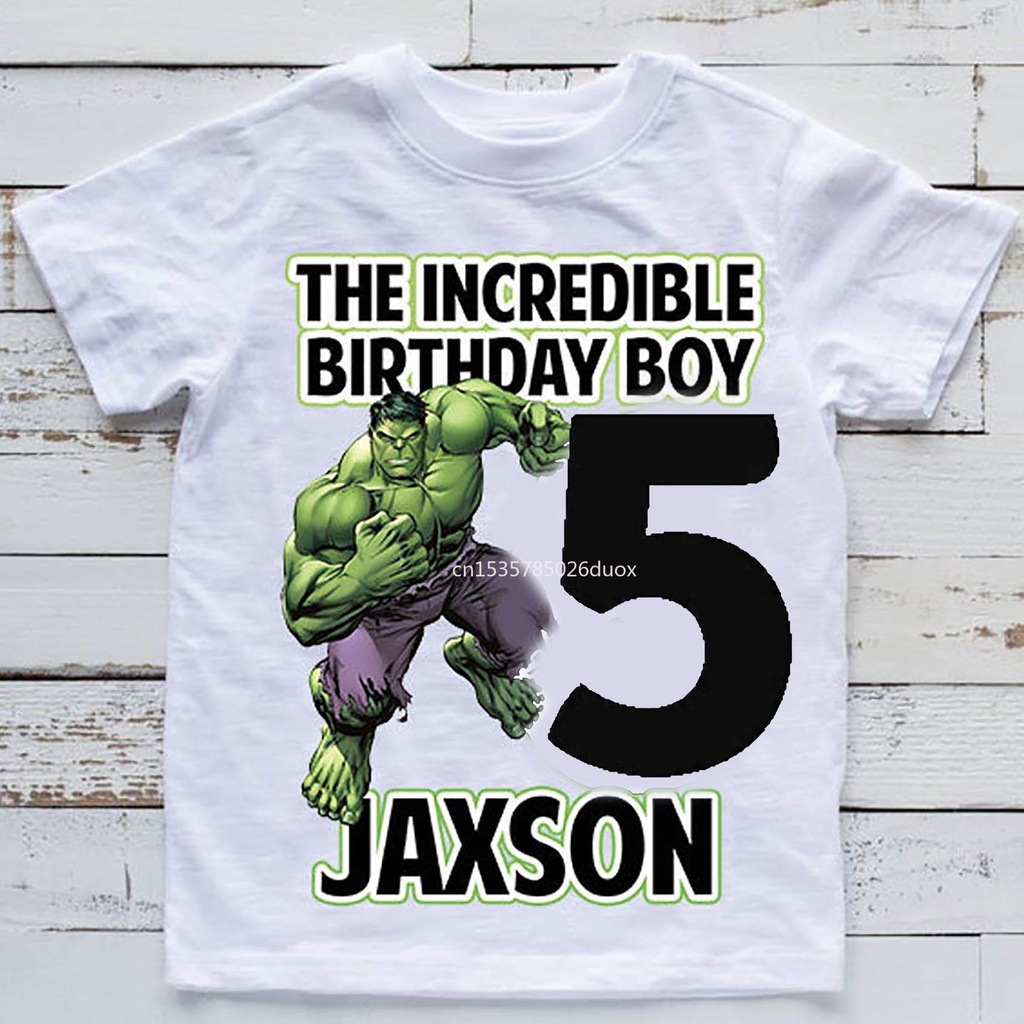 Happy Birthday Hulk ปรับแต่งชื่อเสื้อสําหรับชาย 2 3 4 5 6 7 8 ปี Marvel Hulk Tops Tees เด็กฤดูร้อนเสื้อยืดแขนสั้นสีขาว