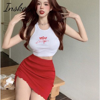 Insker- ชุดเสื้อสายเดี่ยว และกระโปรงสั้น เอวสูง สองชิ้น แฟชั่นฤดูร้อน สําหรับสตรี