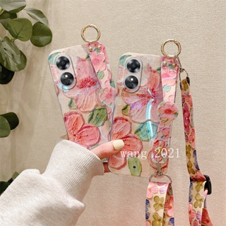 2023 New Phone Case OPPO Reno8 T A78 5G 4G Reno 8 8T Reno8T เคส Casing Glitter Luxurious Rhinestone Flowers Pattern with Wristband Long Lanyard Soft Case เคสโทรศัพท