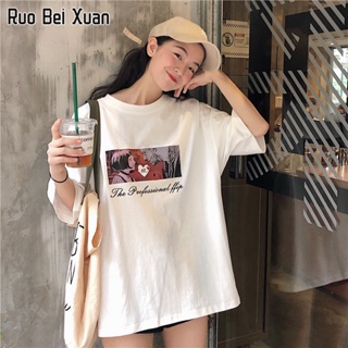 RUO BEI XUAN เสื้อยืดสตรี 2023 ฤดูร้อนใหม่หลวมสไตล์เกาหลีแฟชั่นพิมพ์ลายแขนสั้นด้านบน