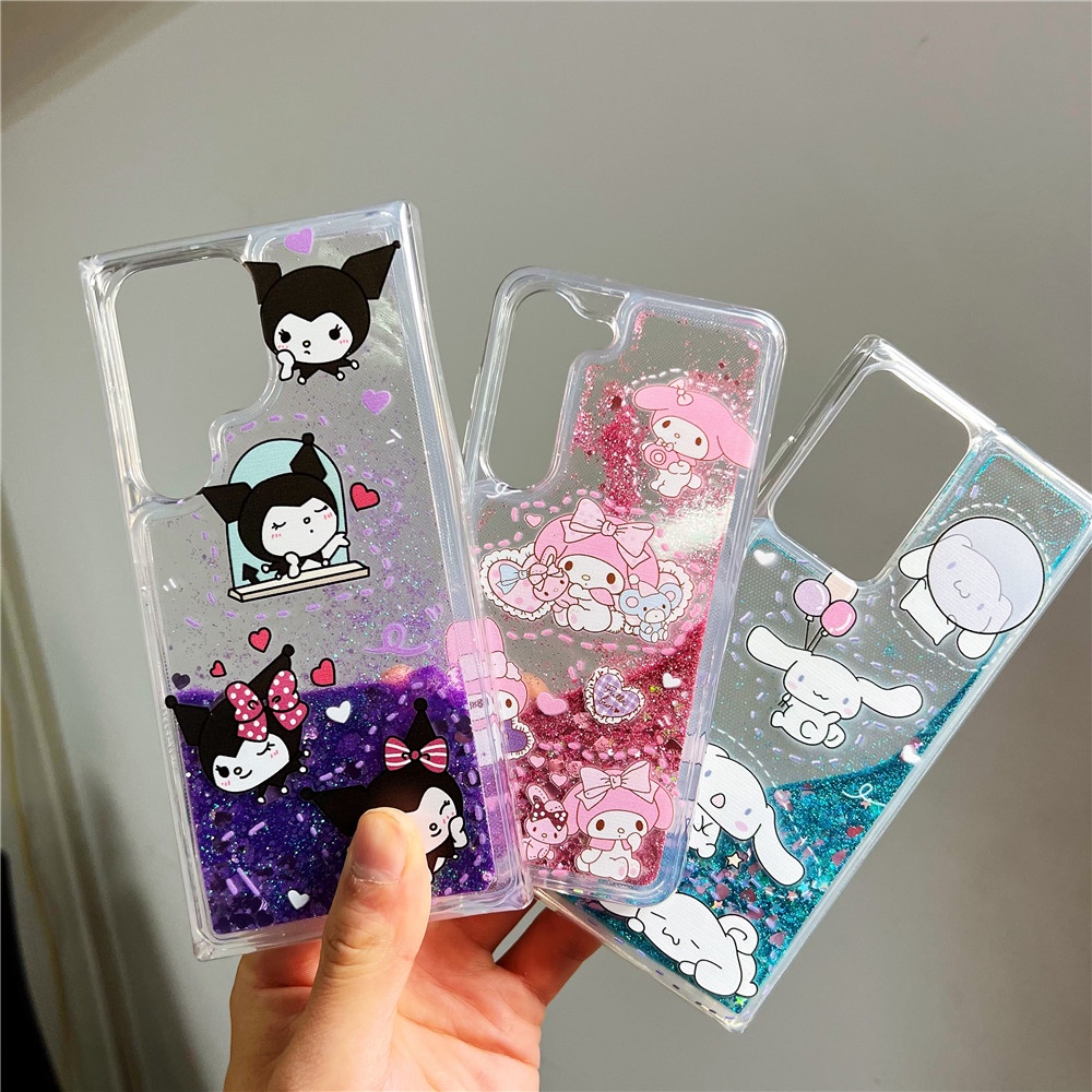 SAMSUNG สําหรับsamsung S25 Ultra S24U S24FE A53 A54 A55 S23 Ultraการ์ตูนKuromi Melody CinnamorollแบบไดนามิกLiquid QuicksandกรณีGalaxy S22 Plus S21 + กันกระแทกGlitter Clear Cover