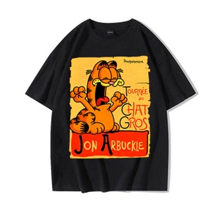 ๑Garfield ร่วมเสื้อยืดชายและหญิงผ้าฝ้ายแท้แขนสั้นถนนอินเทรนด์ผ้าฝ้ายแขนสั้น