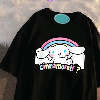 เสื้อยืดแขนสั้นลําลอง ผ้าฝ้าย แบบบาง ทรงหลวม พิมพ์ลายการ์ตูนอนิเมะ Sanrio Cinnamoroll My Melody สีดํา แฟชั่นฤดูร้อน สําหรับเด็กผู้หญิง [RAIN]