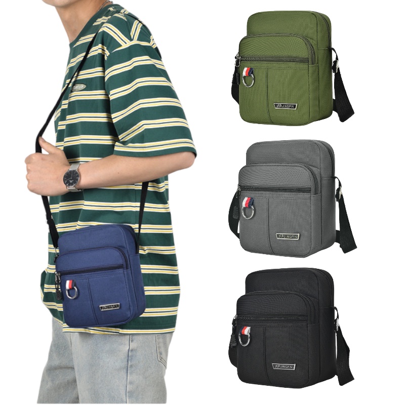 (w240)กระเป๋าสะพายข้างชายใบน้อยเท่ๆสูง20เซ็น 3ซิป แต่งห่วงเงิน vgetbag