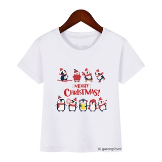 New arrival 2022 childrens tshirts penguin cartoon Christmas graphic print boys/ girls universal t shirt tops  เสื้อยืด