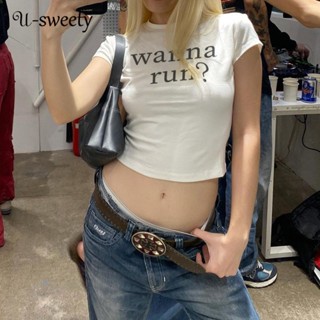 U-sweety เสื้อยืดลําลอง แขนสั้น คอกลม พิมพ์ลายตัวอักษร เรียบง่าย สําหรับสตรี 2023