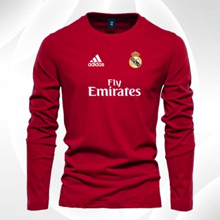 เสื้อยืดแขนยาว ผ้าฝ้าย พิมพ์ลายโลโก้ Real Madrid Fly สีขาว สําหรับผู้ชาย และผู้หญิง