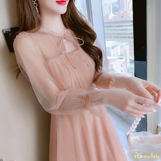 พร้อมส่ง #🔥มาใหม่ เดรสแขนกระดิ่งเย็บต่อผ้าตาข่าย กระโปรงยาว จับจีบลมอ่อนๆ เดรสทรงเอ อินเทรนด์สุดๆ