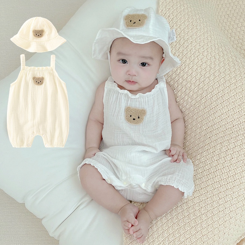 มาใหม่ ชุดจั๊มสูทรอมเปอร์ แขนกุด ผ้าฝ้ายแท้ พร้อมหมวก แฟชั่นฤดูร้อน สําหรับเด็กทารกแรกเกิดผู้ชาย และเด็กผู้หญิง อายุ 0-24 เดือน 2 ชิ้น – โปรปัง