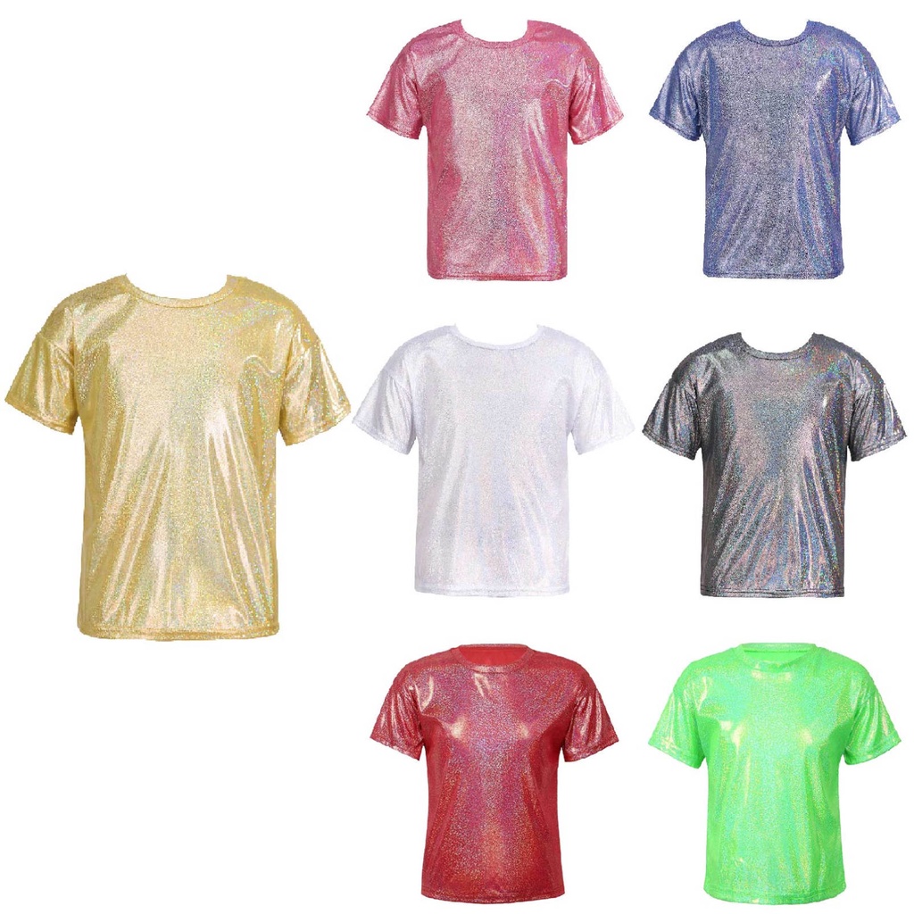 Kids Girls and Boys Metallic Shiny T-shirt Sparkly Jazz Dance Tops