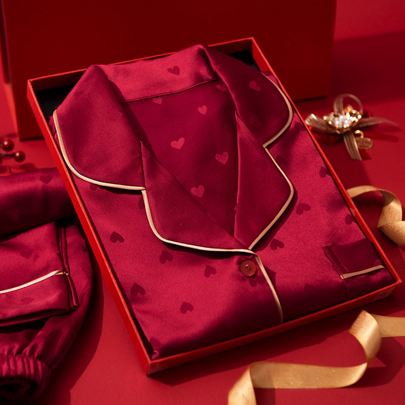 Wedding Pajamas Women Ice Silk Red Couple Sets Home wear Nightwear