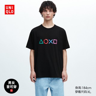 Uniqqlo เสื้อยืดแขนสั้นลําลอง ผ้าฝ้าย พิมพ์ลายกราฟฟิค ทรงหลวม สไตล์มินิมอล สําหรับผู้ชาย และผู้หญิง