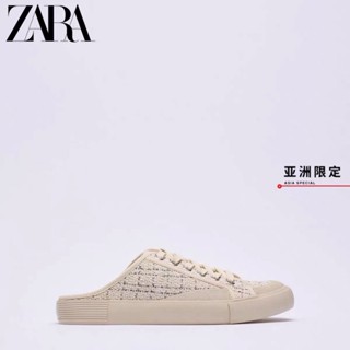 Zara Asia Limited รองเท้าผ้าใบลําลอง สวมครึ่งเท้า แบบผูกเชือก สีขาว สําหรับสตรี