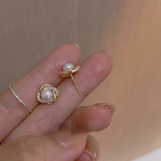 ส925ชุบเงินเกาหลีวินเทจต่างหูมุกกระดุมหูสําหรับผู้หญิงสาว