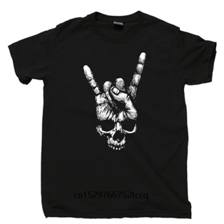 ปัก Fashion summer T shirt Skull Hand Sign of The Horns Heavy Metal Rock N Roll Band Tattoo Fashion T Shirt 100% Cotton