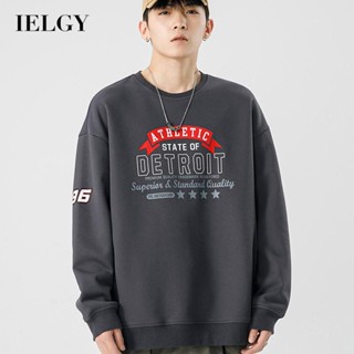 IELGY เสื้อกันหนาว คอกลม ผ้าตาข่าย พิมพ์ลายตัวอักษร สไตล์อเมริกันย้อนยุค ทรงหลวม สําหรับผู้ชาย