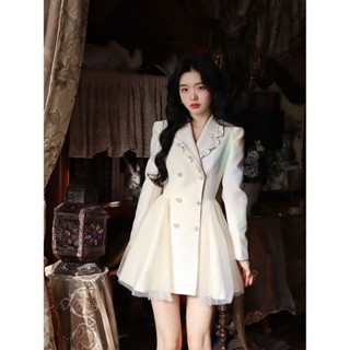 💥Hot sale！🌻เดรส🍄 ชุดใส่เที่ยว ชุดออกงาน  เดรสเบลเซอร์คอปก โบว์หลัง ผ้าตาข่าย เอวสูง แขนยาว Size:S-L